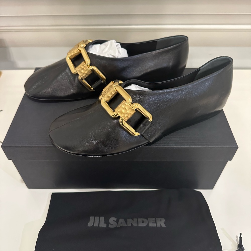 Jil Sander Black & Gold Buckle Flats